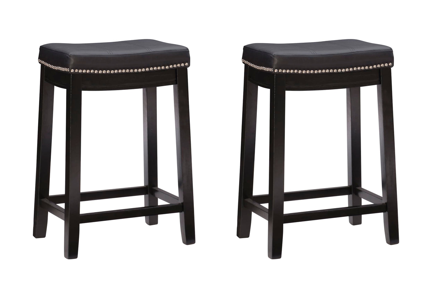 Linon Kingston Black Wooden Backless 26.5 Inch Seat Height Counter Stool with Black Faux Leather Upholstered Seat and Nailheads, Set of 2
