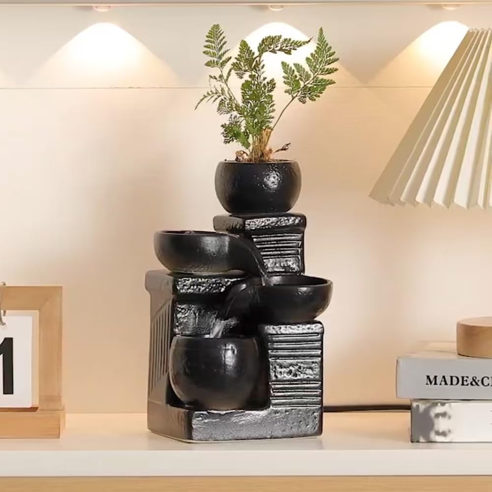 Outdoor and Indoor Ceramic Tabletop Desktop Fountain waterfeature Waterfall Home and Office Decoration (Black A198)
