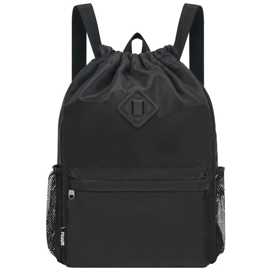 WANDF Drawstring Backpack Sports Gym Bag with Shoes Compartment, Water-Resistant String Backpack Cinch for Women Men (Large,Black)