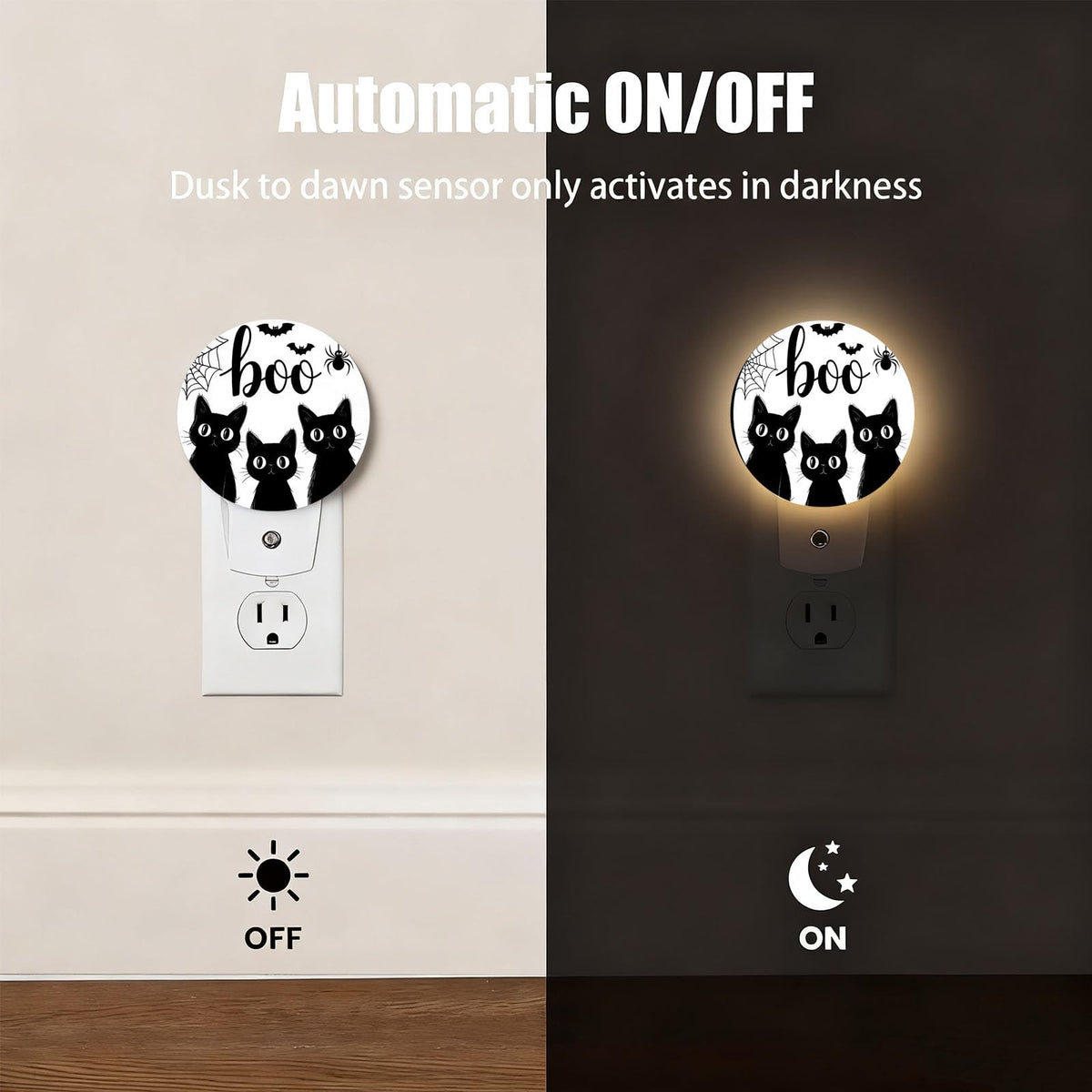 Mugod Black Cat Plug-in Nightlights Halloween Bats Spider Web Night Light Plug into Wall with Dusk-to-Dawn Sensor LED Lighting 0.5W Sleep-Friendly
