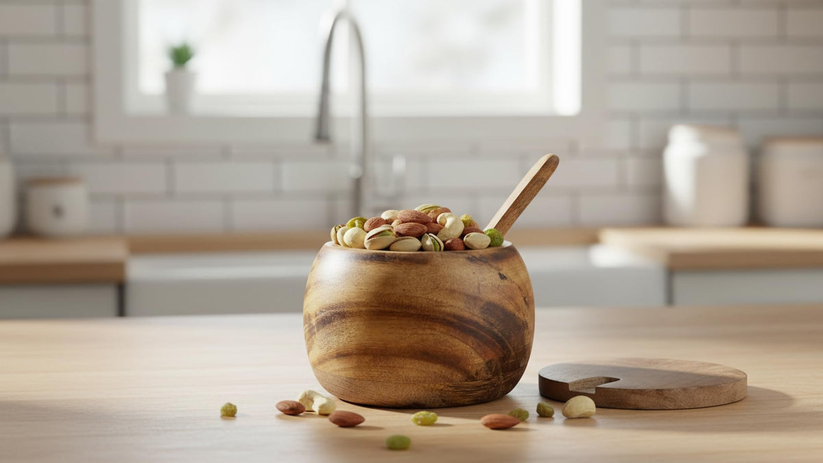 Decorative Rustic Wooden Sugar Bowl & Spoon With Lid Wide Mouth Candy Treat Jar Spice Jar Holder Condiment Nuts Serving Bowl Pot Salt Spice Herb Loose Leaf Tea Storage Container Novelty Home & Kitchen