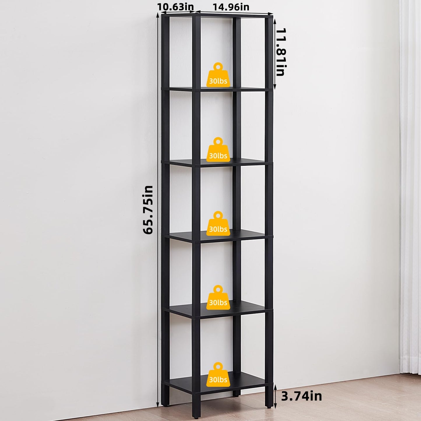 YUFAM 66in Tall Bookshelf 6-Tier Small Narrow Bookcase, Skinny Book Shelf for Small Space, Farmhouse Slim Shelf with Storage, Wood Freestanding Display Thin Bookshelves for Living Room, Office, Black