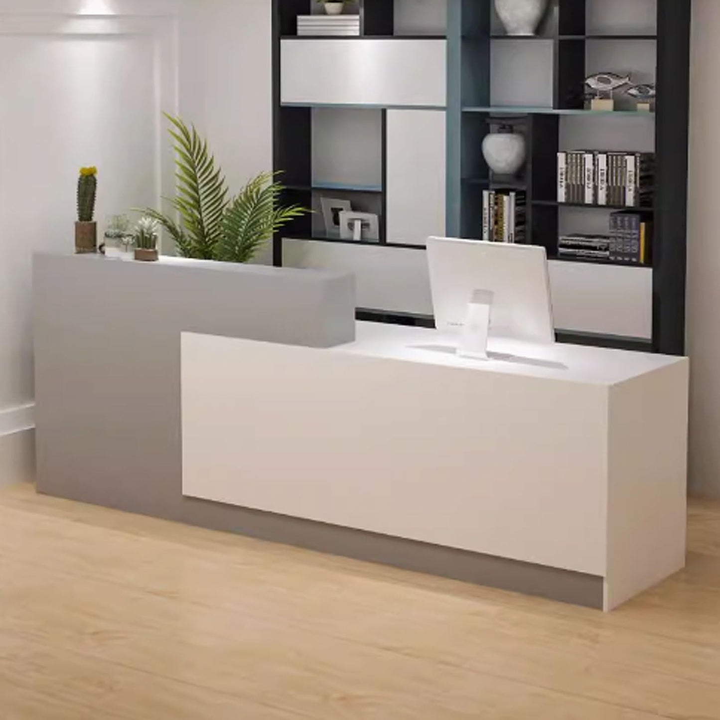 Stylish Gray & White Modern Reception Desk, 1.4m Engineered Wood Office Counter for Salons, Retail Stores & Professional Spaces - Durable Receptionist Furniture