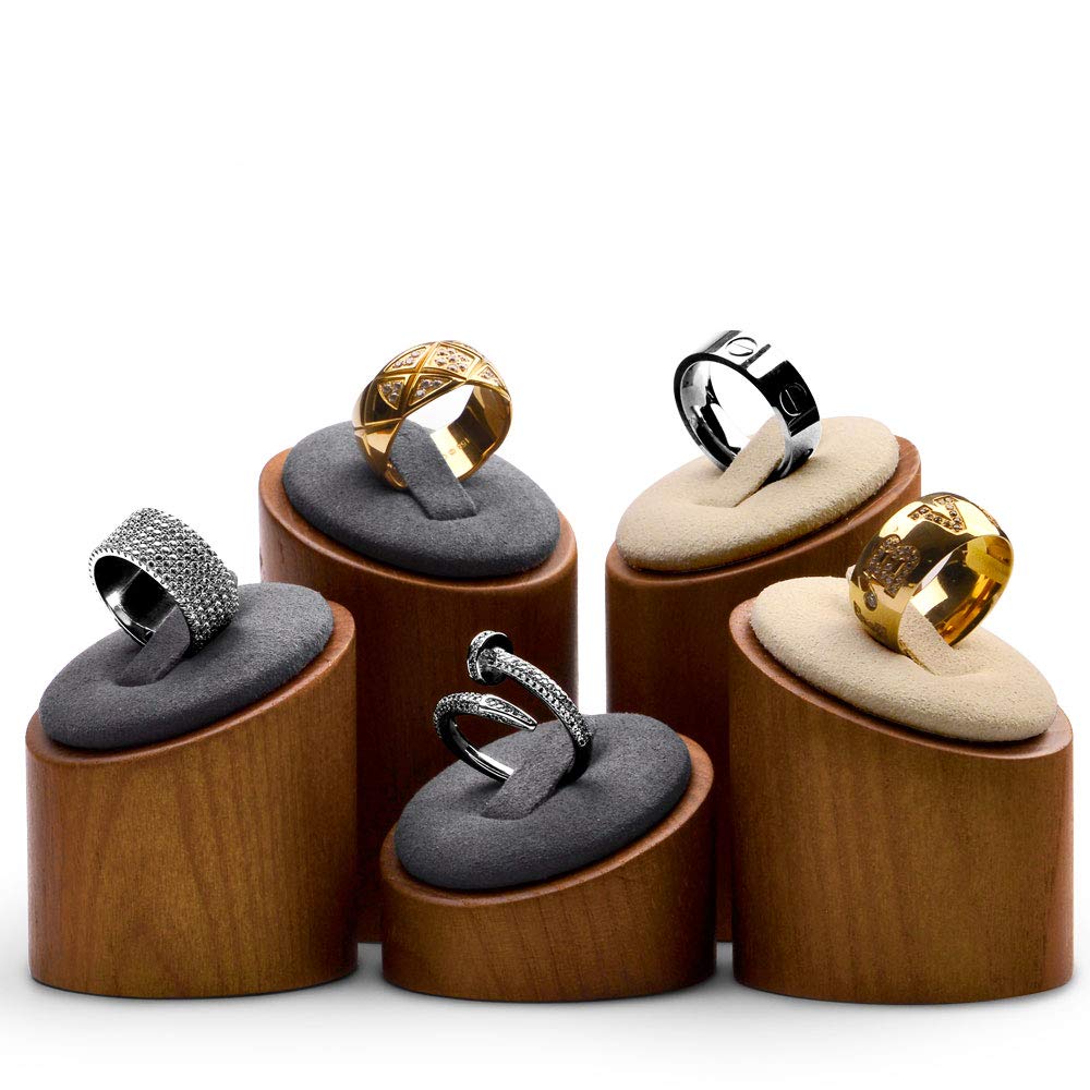 Oirlv Solid Wood 3 Pcs Ring Display Stand Showcase Jewelry Organizer Holder for Rings Trade Show Countertop Ring Bearer(Grey)