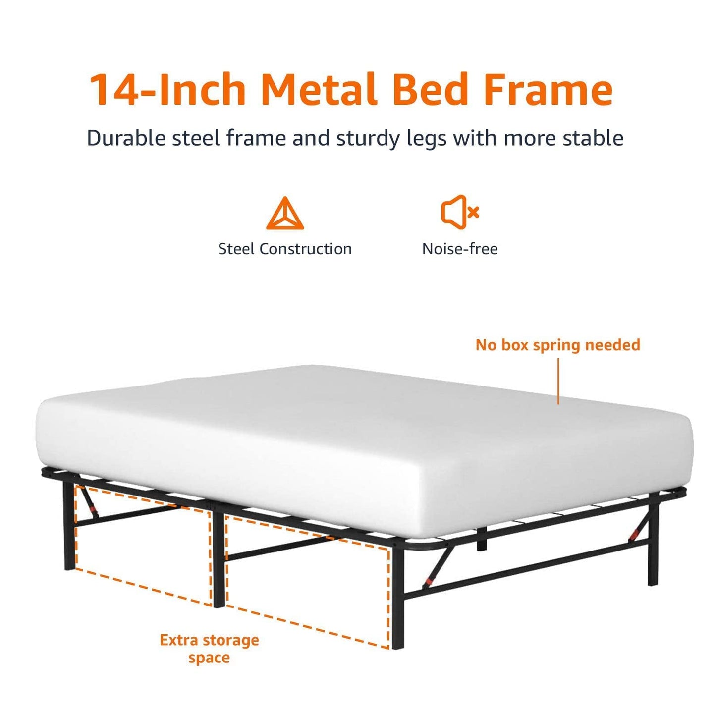 Amazon Basics Bed Frame with Ample Underbed Storage, Foldable Metal Platform, Sturdy Steel, No Box Spring Needed, 14 inches High, Noise-Free Support, Easy Assembly Tool-Free Setup, Full Size, Black