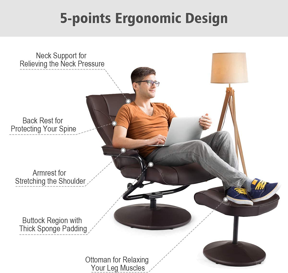 WATERJOY Swivel Recliner Chair, PU Leather Lounge Armchair Recliner, 360 Degree Swivel Overstuffed Padded Seat Chair with Footrest Stool Ottoman Set for Office Living Room Brown