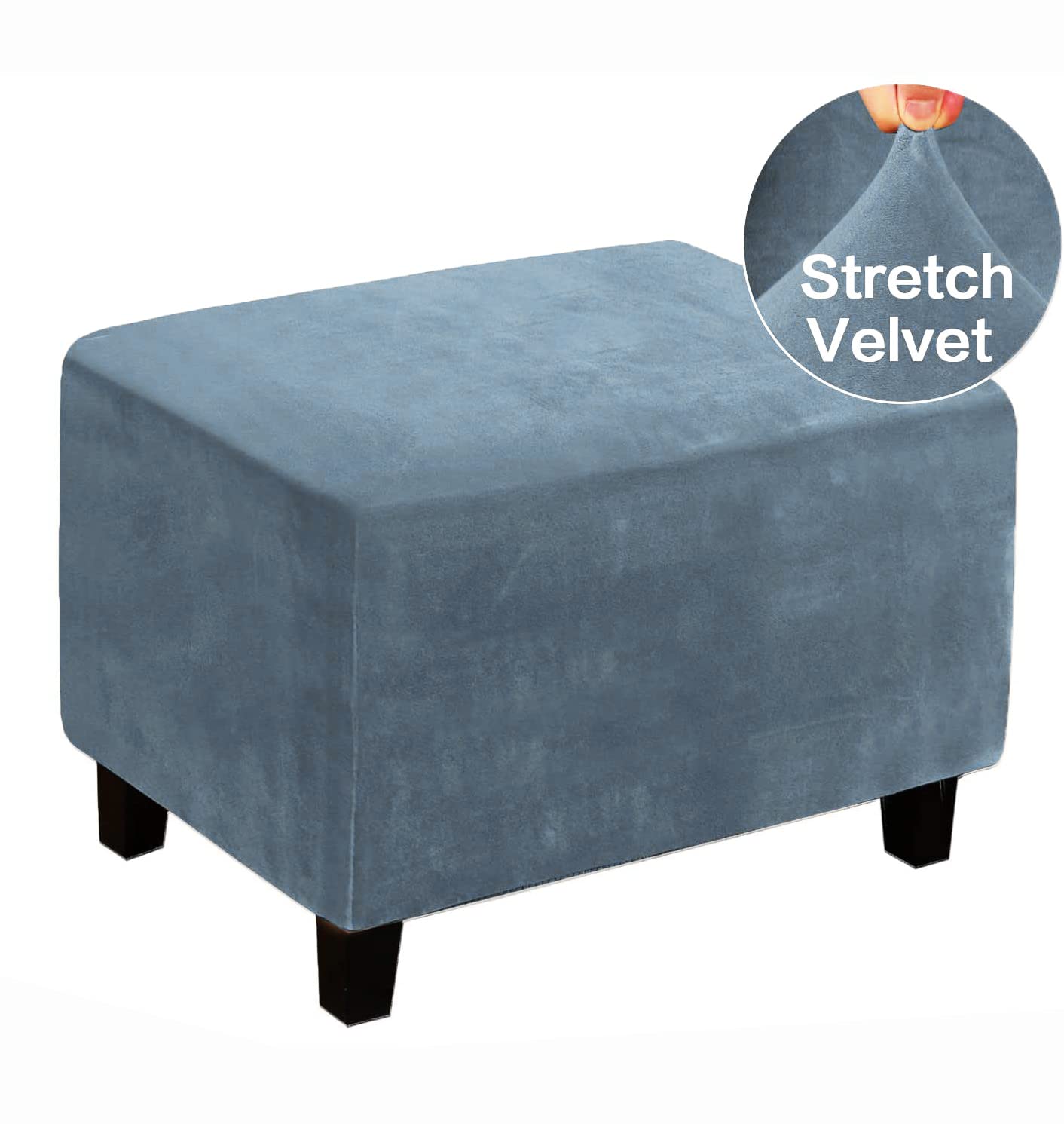 Velvet Ottoman Cover, Stretch Footstools Covers, Plush Foot Stool Slipcover, Removable Footrest Stool Sofa Slipcovers, Folding Storage Stool Furniture Protector for Room(Gray Blue,Rectangular Large)