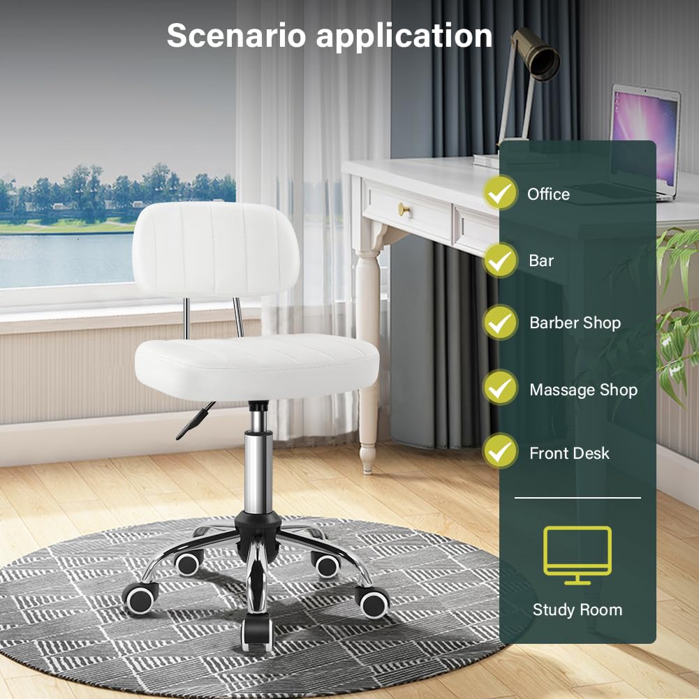 BFTOU White Square Swivel Stool with Wheel for Work SPA Shop Massage Height-Adjustable and Cost-Effective Rolling Stool Chair with Back