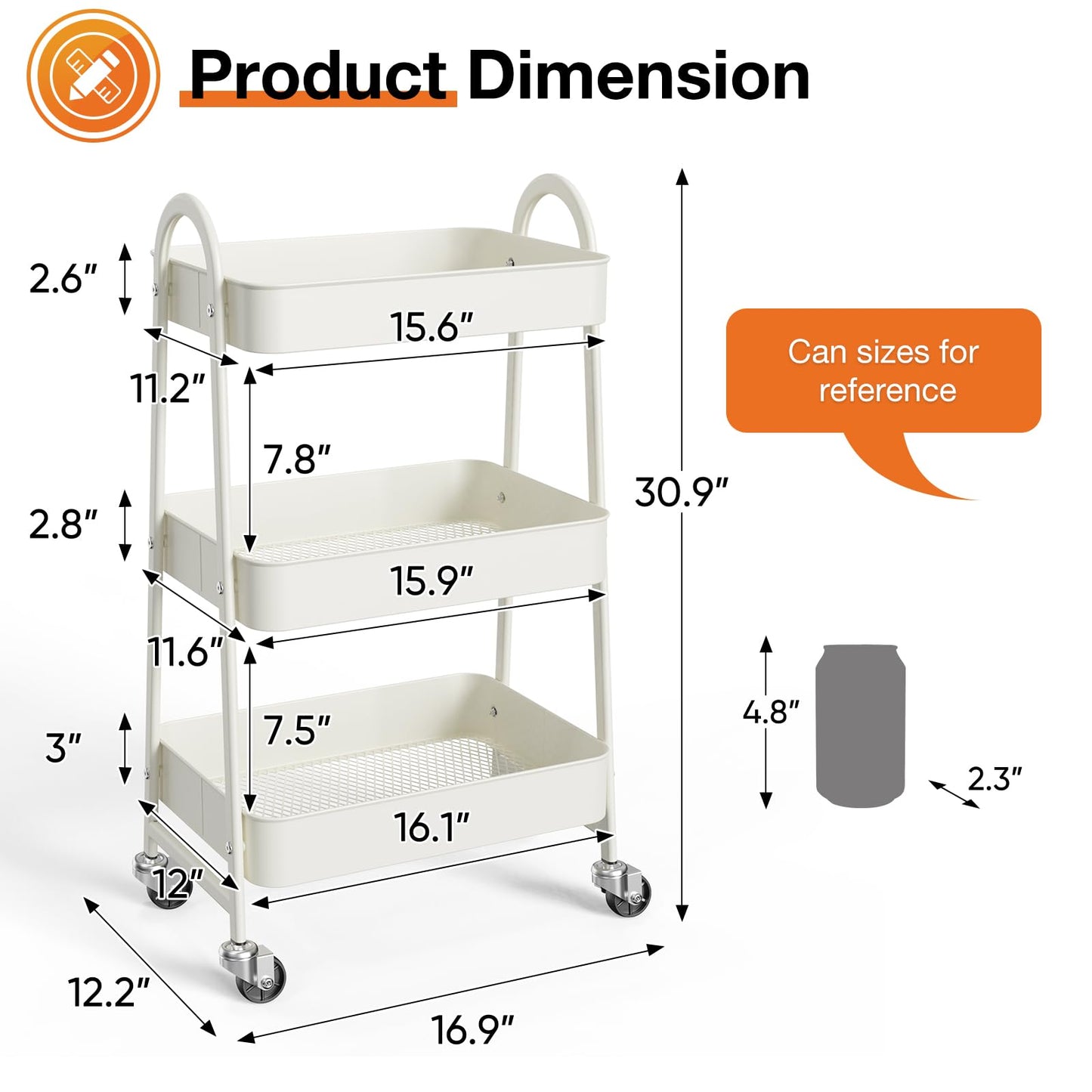NEWBULIG 3-Tier Metal Rolling Cart with Lockable Wheels, Heavy Duty Mobile Utility Storage Shelf, Roller Book Snack Cart, Organization for Livingroom, Bathroom, Office, White