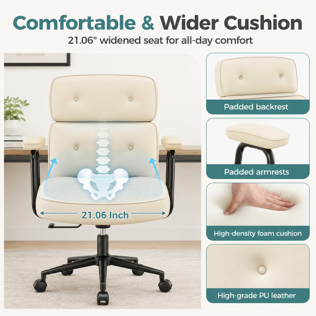 Ergonomic Home Office Desk Chair, PU Leather Computer Chair with Lumbar Support, Adjustable Height, 360° Swivel Rolling Wheels, Executive Task Chair for Office, Gaming, Meeting Room, Beige