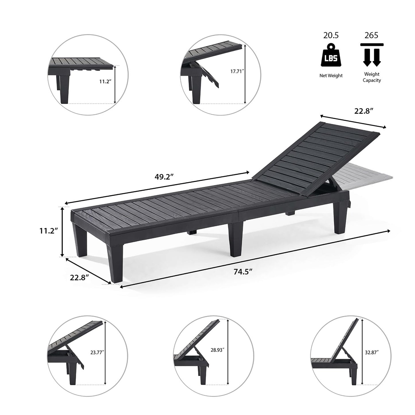 Nestl Patio Chairs - Black Chaise Lounge Chair Outdoor, 5-Position Adjustable Sun Tanning Chair, Waterproof Pool Lounge Chairs Set of 2, Reclining Lawn Chair, Lightweight Outdoor Lounge Chairs