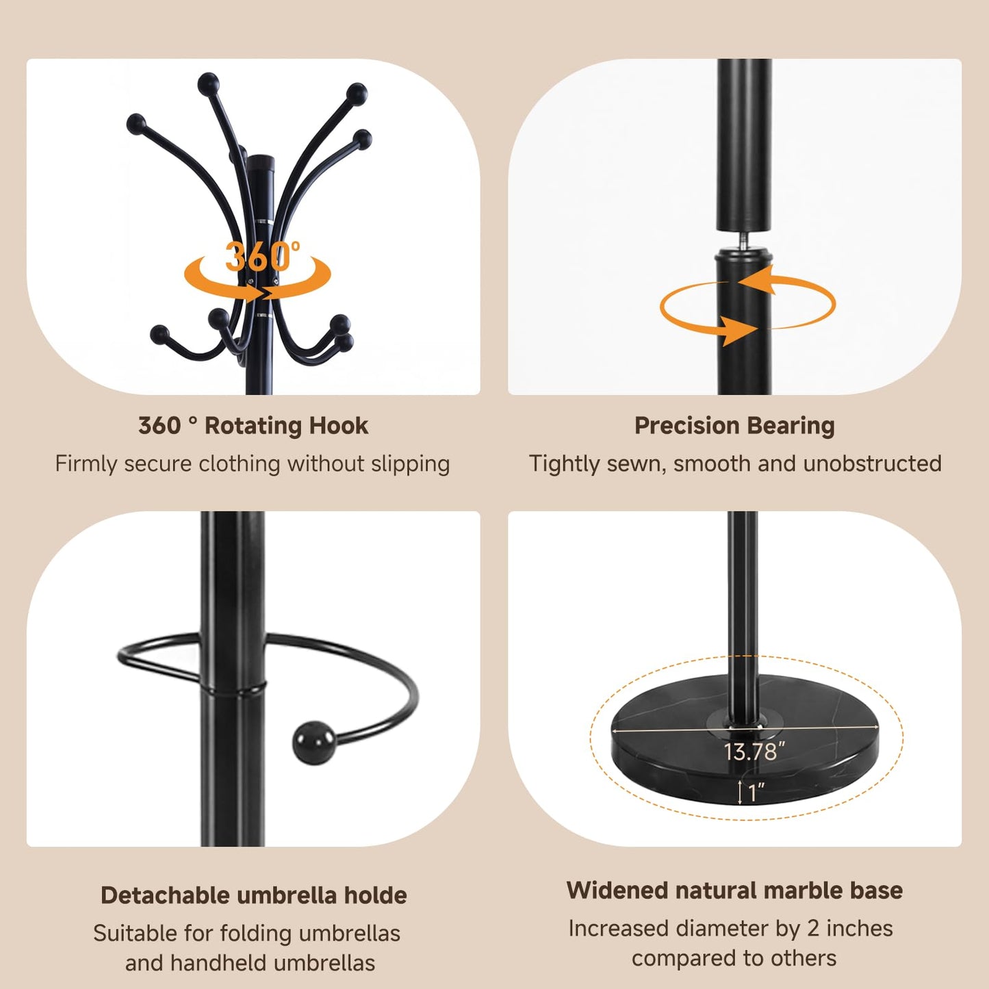 DongRong Metal Coat Rack Freestanding with Natural Marble Base, 360° Roraty Coat Rack Stand with 16 Hooks & Umbrella Holder, Black Heavy Duty Coat Rack for Coats Hats for Entryway Bedroom (Black)