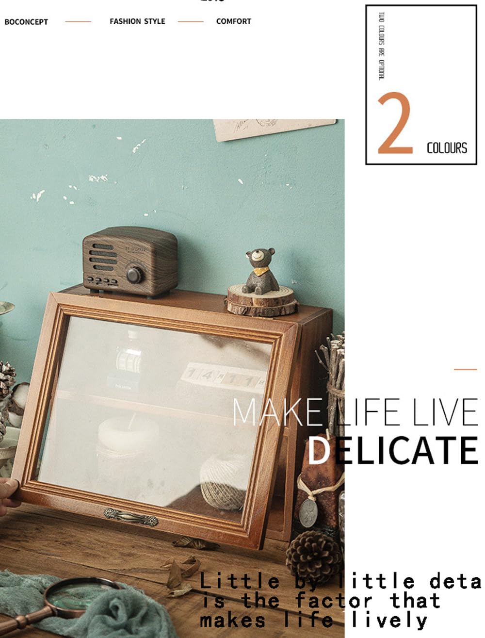RZGZKLSH Pine Wood 2-Tier Curio Shadow Box Wall & Tabletop Display Cabinet