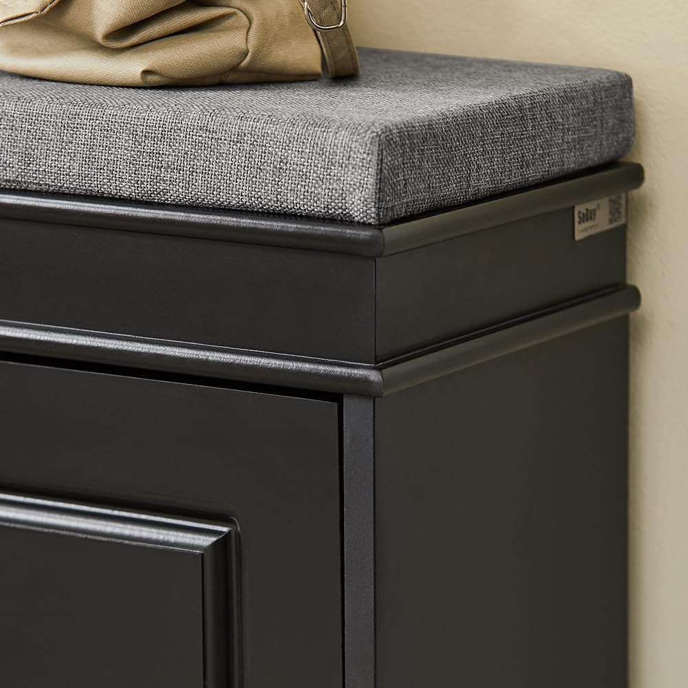 Haotian Black Storage Shoe Bench with 2 Flip Drawers, Hidden Shoe Bench, Free Standing Shoe Rack, Shoe Cabinet, Hallway Storage Bench with Seat Cushion FSR64-SCH