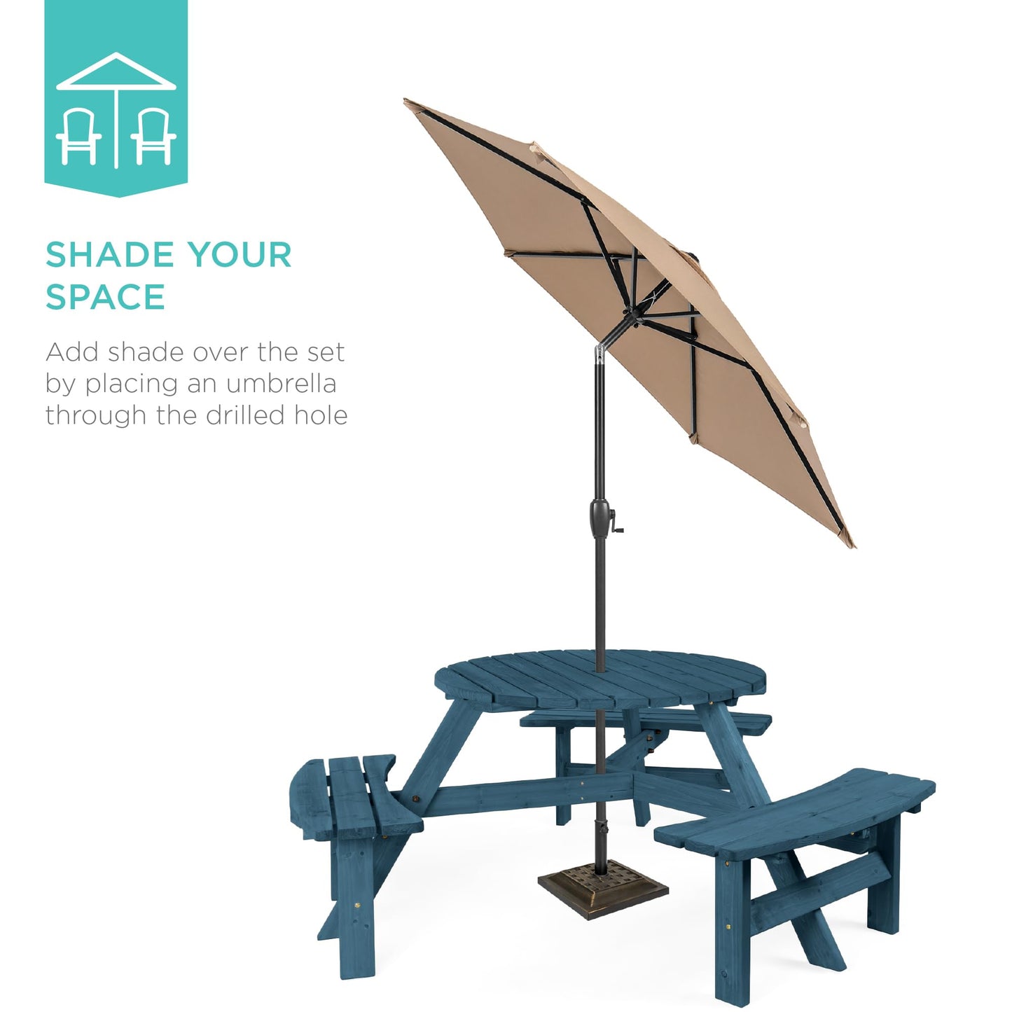 Best Choice Products 6-Person Circular Outdoor Wooden Picnic Table for Patio, Backyard, Garden, DIY w/ 3 Built-in Benches, 500lb Capacity - Harbor Blue