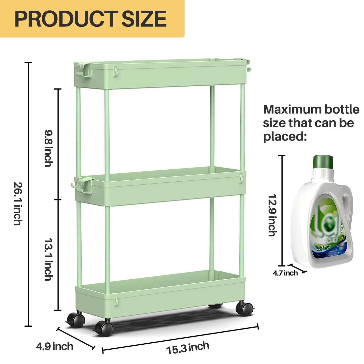 SPACEKEEPER Slim Rolling Storage Cart, 3 Tier Bathroom Organizer Utility Cart Laundry Room Organization Mobile Shelving Unit for Kitchen, Bathroom, Office, Bedroom, Narrow Places, Green