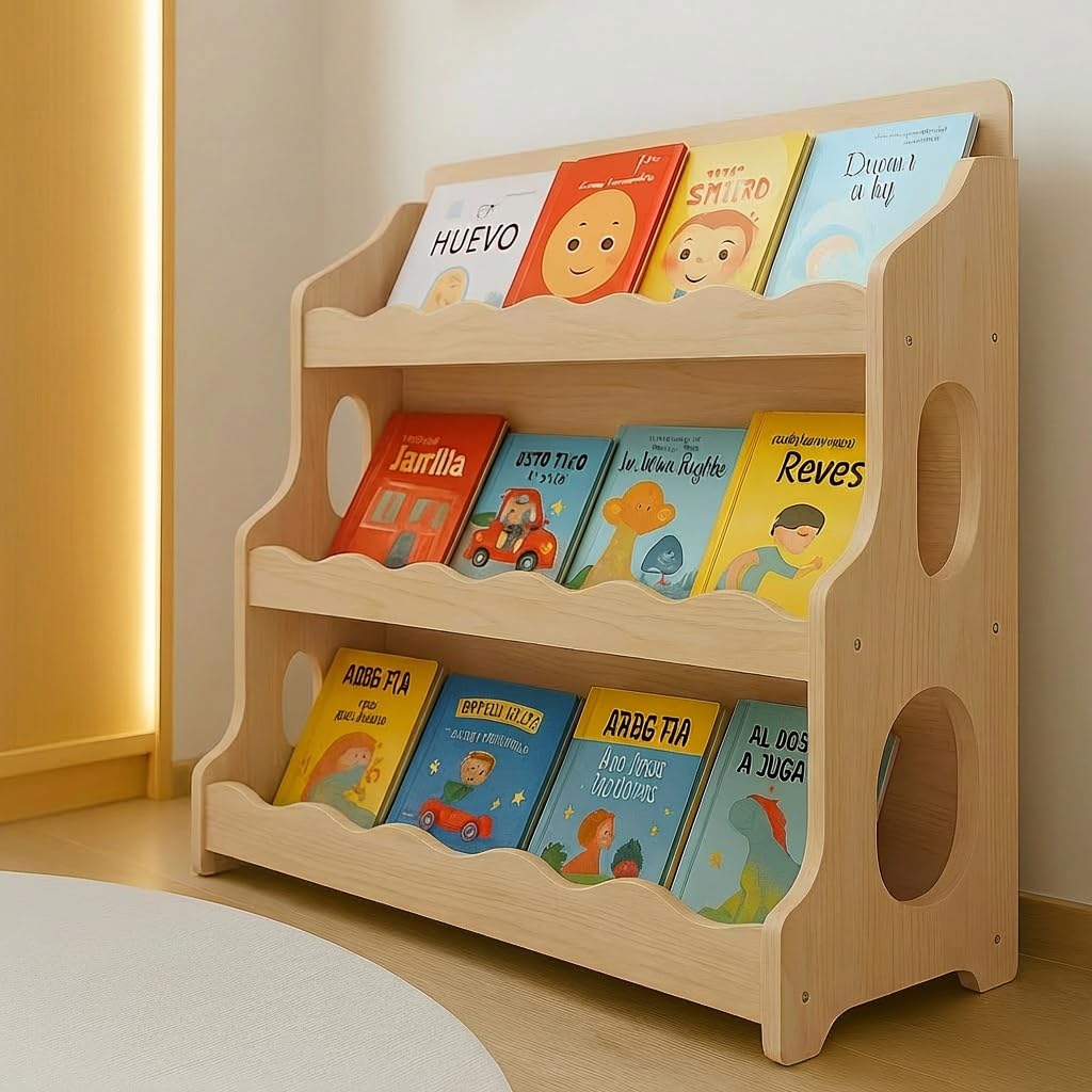 AMMEHOELA Wood Kids Bookshelf Montessori DutchDesign,Maplewood GrainPattern