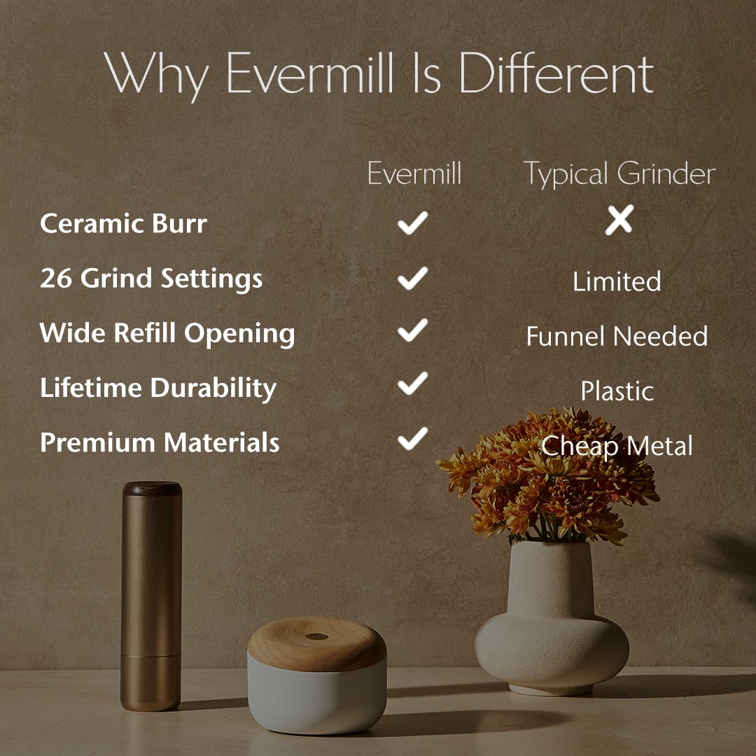 Evermill Salt Mill – Premium Adjustable Salt Grinder with Ceramic Grinder Core – Refillable Manual Salt Grinder with Himalayan Pink Salt – Anodized Aluminum (Bronze)