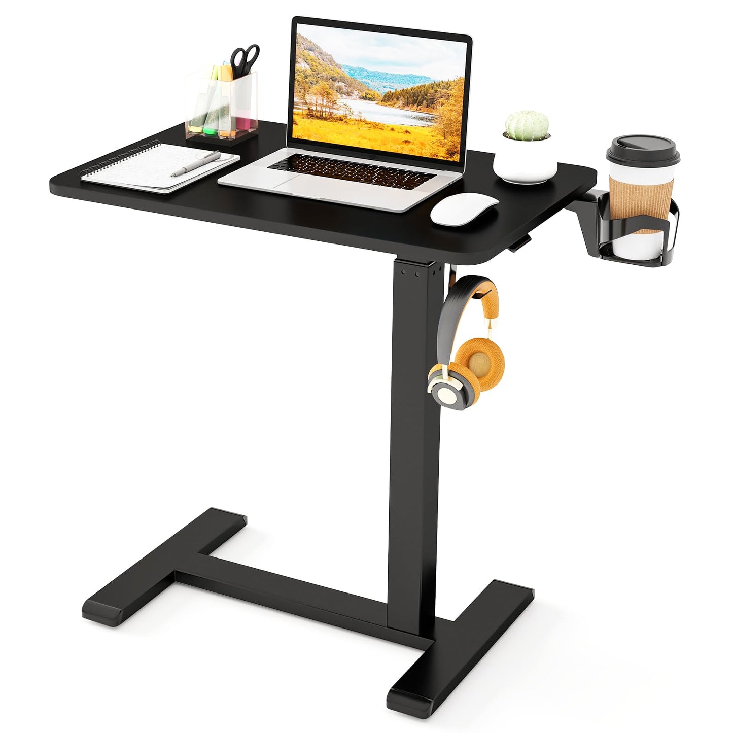 Tangkula Mobile Standing Desk, Pneumatic Height Adjustable Rolling Desk with Cup Holder & Headphone Hook, Overbed Table with Hidden Wheels, Laptop Computer Cart for Couch, Home, Office (Black)