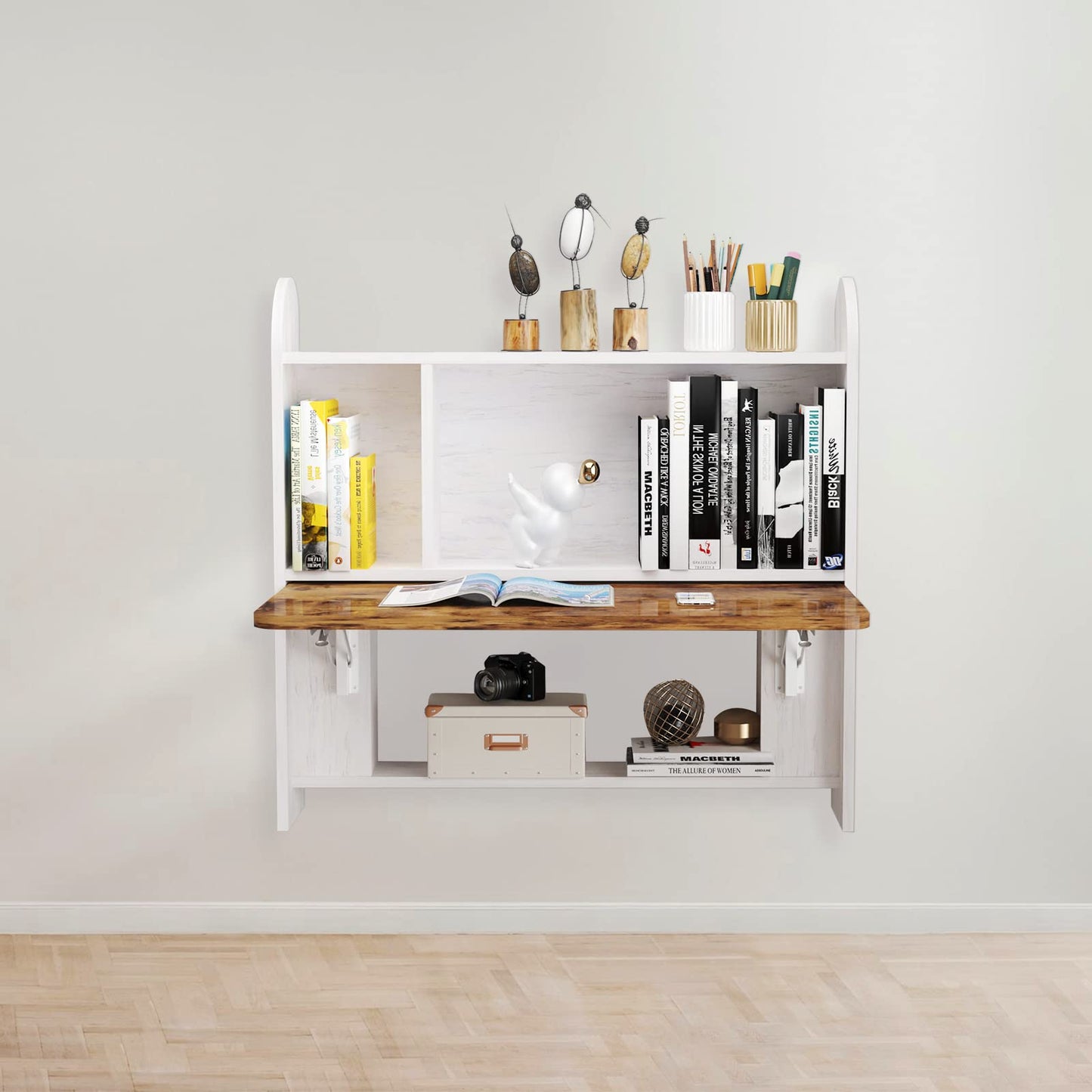 TuckTect Wall Mounted Drop-Leaf Table, Floating Laptop Desk, Folding Table with Shelves, Multifunctional Computer Workstation with Storage Compartments in Home Office for Space Saving (Grayish White)