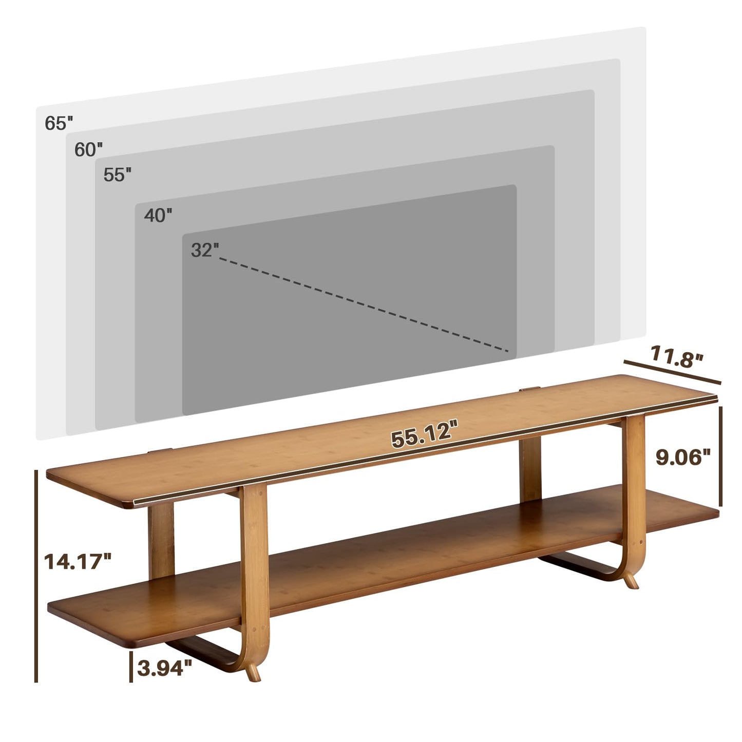 HollyHOME Bamboo TV Stand with Storage for TVs up to 65'', Modern Entertainment Center with 2 Open Shelf, Accent TV Media Console Table for Living Room, Bedroom, 55"(L), Walnut