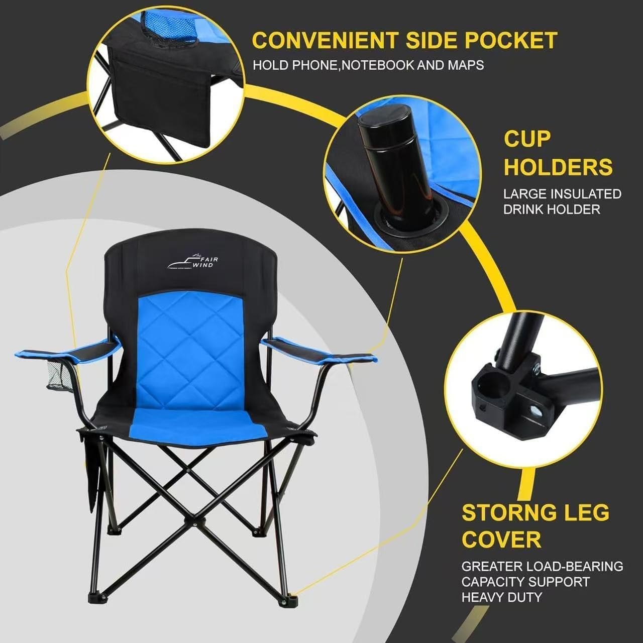FAIR WIND Camping Chair 2 Pack 400 LBS Capacity Fully Padded Portable Chair with Side Pocket & Cup Holder, Heavy Duty Lawn Chair for Outside, Tailgating,Beach, Sports
