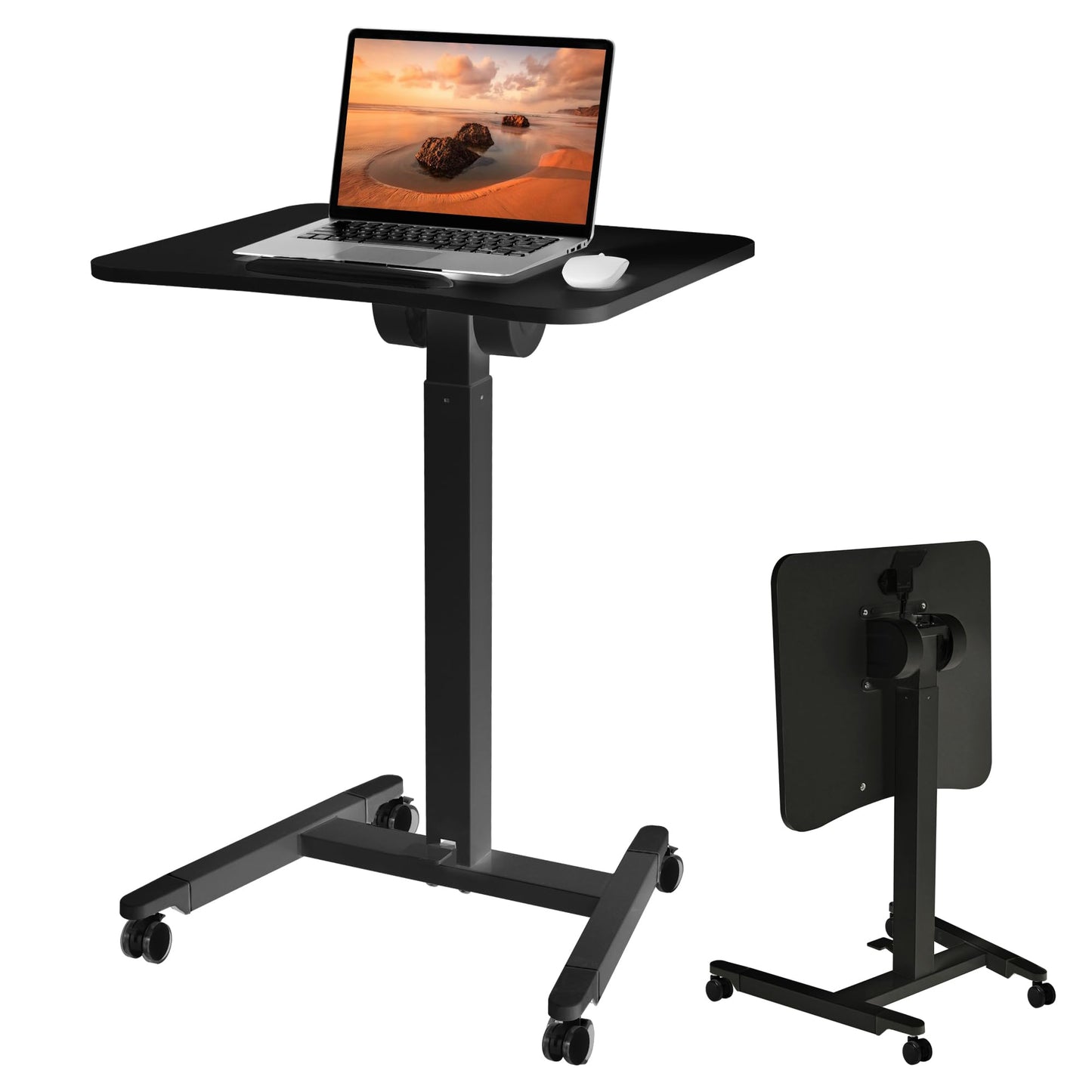 Fromann Mobile Standing Podium Desk Laptop Sit to Stand Height Adjustable Workstation with Wheels,Gas Spring Lift Mechanism Desk (Black)