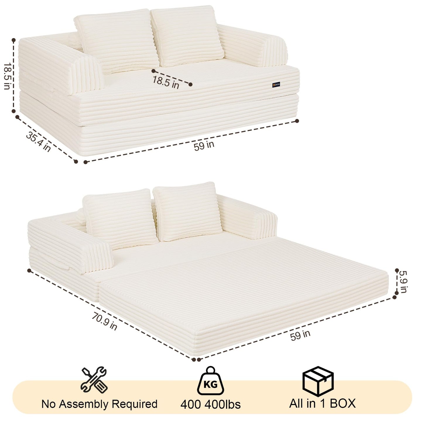 COMAX Convertible Sofa Bed, Folding Floor Couch Corduroy Fold Out Couch Bed Futon Sleeper Mattress with Pillows, Boneless Sofa Comfy Lounge Loveseat for Living Room Bedroom, Plush Beige