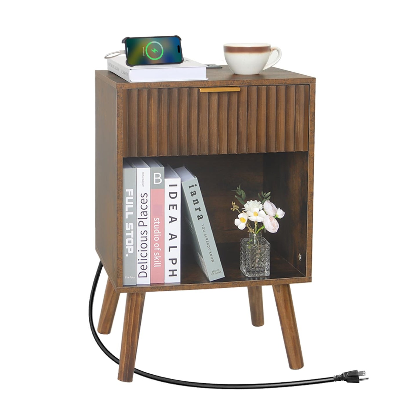 Fultyle Mid Century Modern Nightstand with Charging Station, Modern Bedside Table with Fluted Drawer and Storage Shelf, End Side Tables Living Room for Bedroom, Office (Rustic Brown)