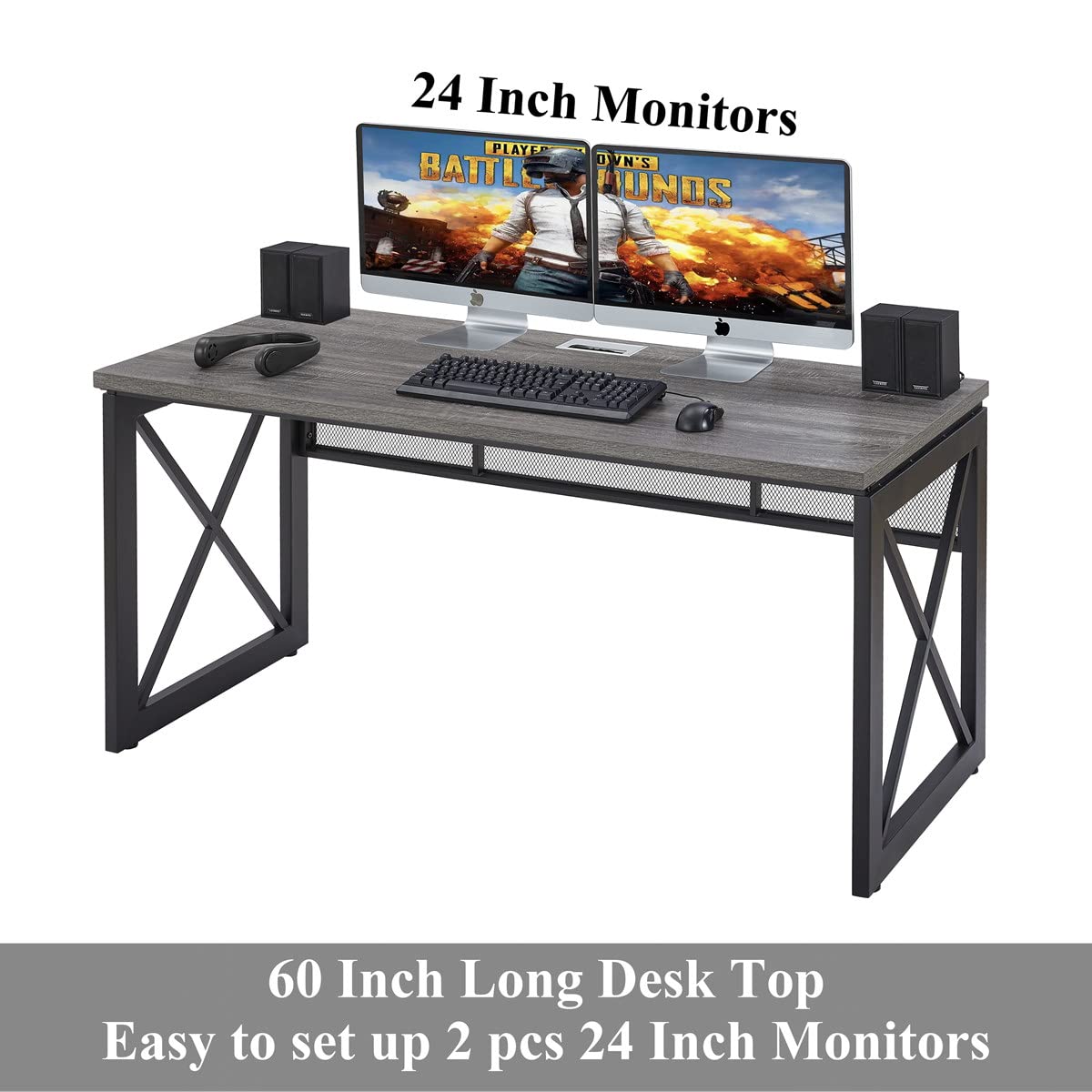 BON AUGURE Industrial Computer Desk, Rustic Wood Desks for Home Office, Sturdy Metal Writing Work Table (60 Inch, Dark Grey Oak)