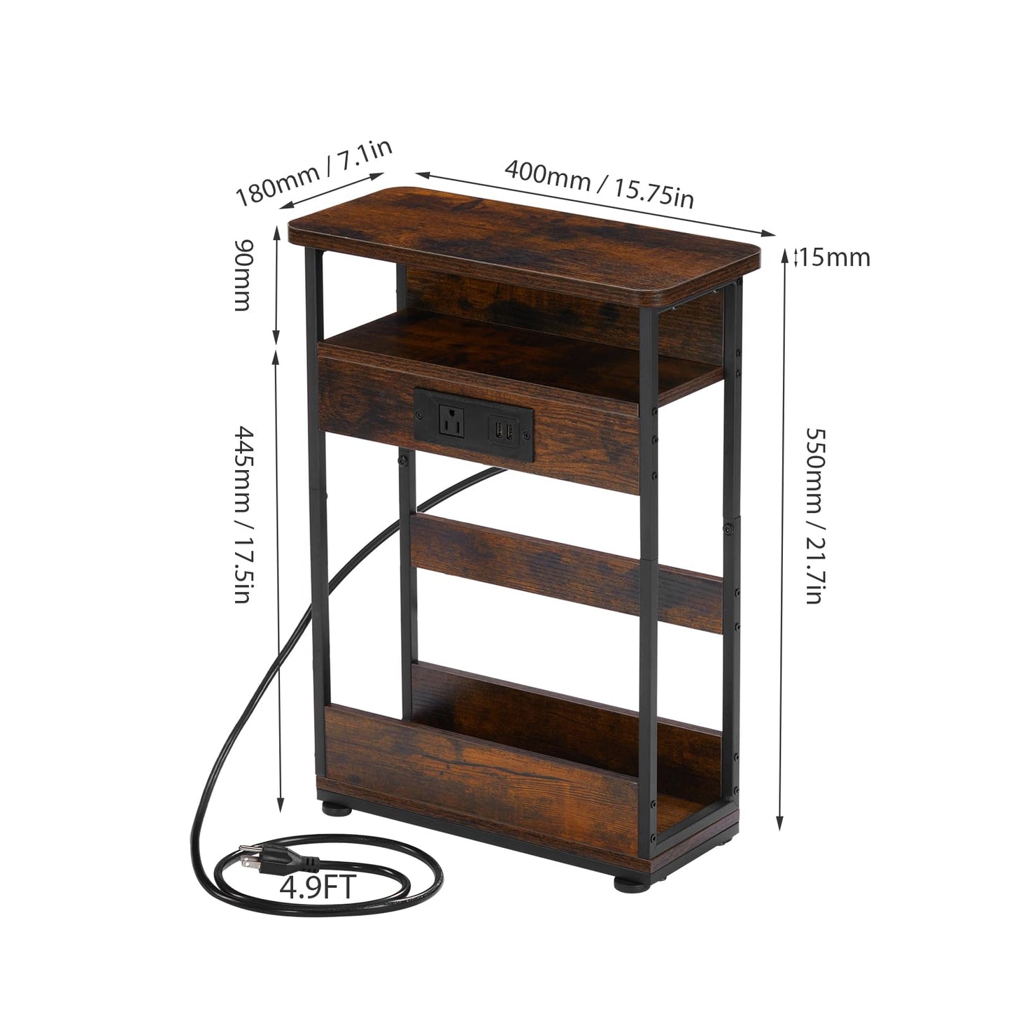 Narrow Side Table With Charging Station, 3-Tier End Table with 2 USB Ports & Power Outlets,Thin Sofa Side Table for Narrow and Small Spaces, Bedside Table Nightstand for Living Room,Rustic Brown