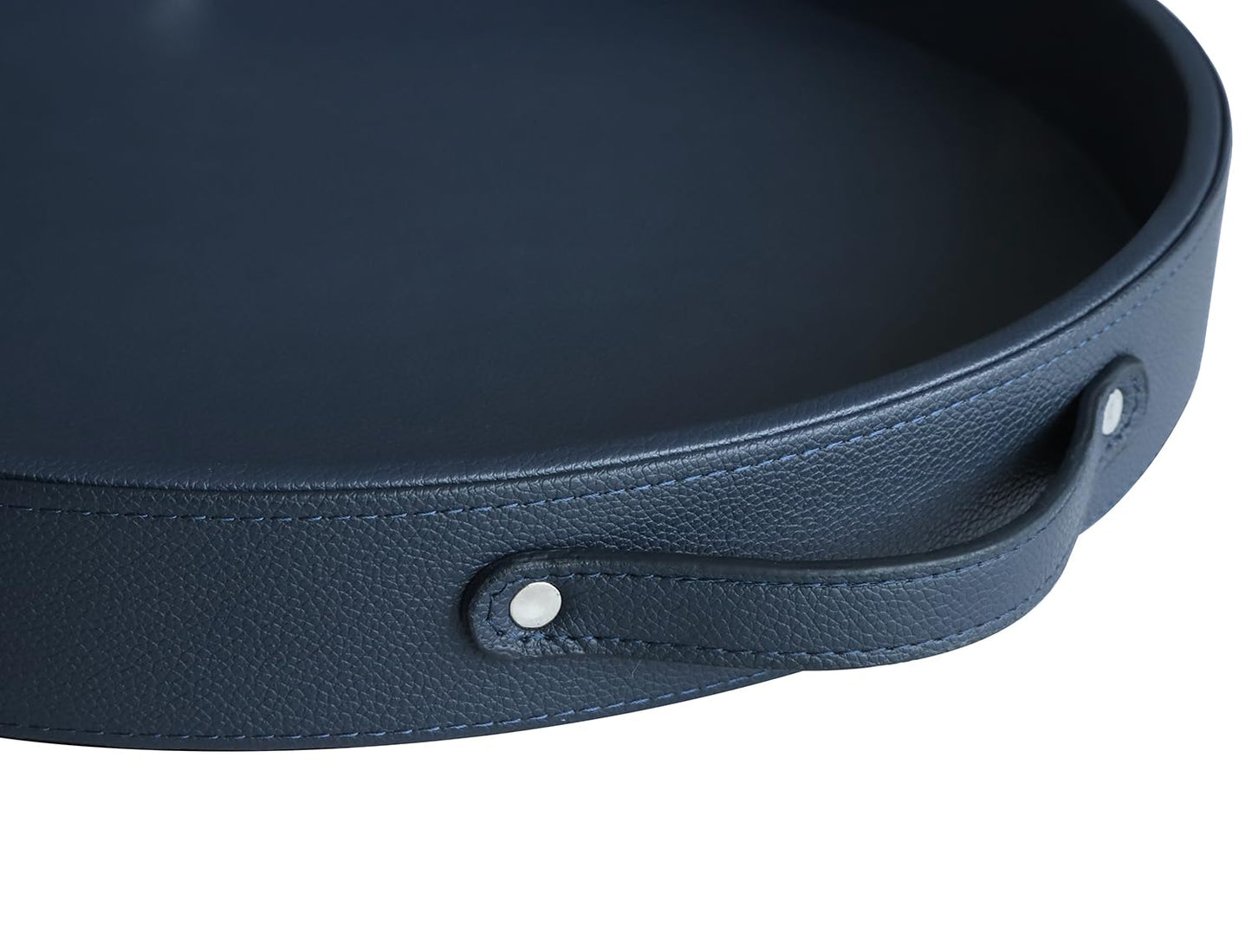 HofferRuffer Top Nocth PU Leather Round Serving Tray, Decorative Serving Tray with Handles, Coffee Tray, Ottoman Tray for Home Or Office, Diameter 14.6-inch (Dark Blue)