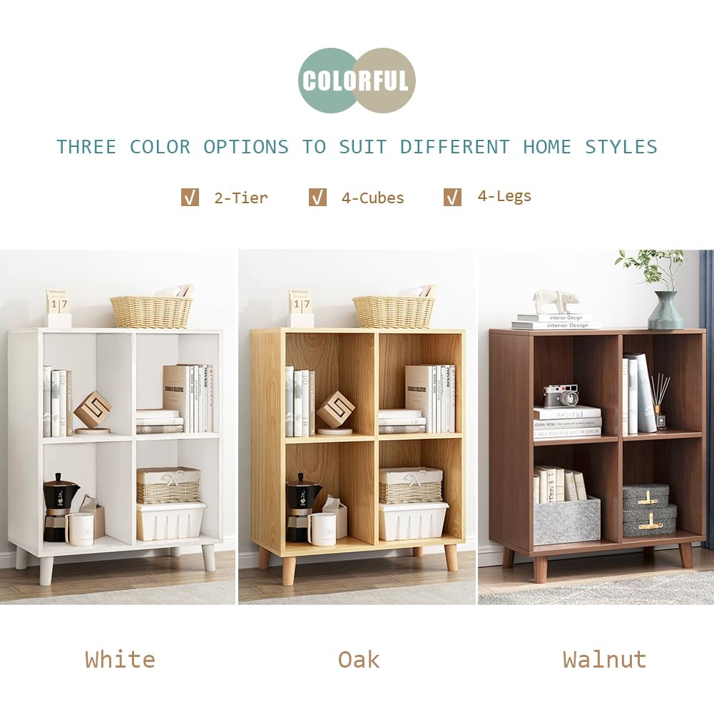 IOTXY Open Cube Low Bookcase - 2-Tier Freestanding Storage Display Cabinet Organizer with Legs for Home Office, 4-Cubes Open Shelf Short Bookshelf, White