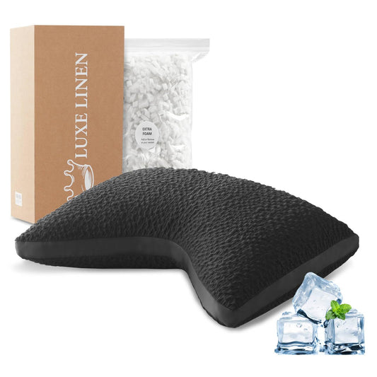 Luxe Linen Side Sleeper Pillow for Neck & Shoulder Comfort, Cooling Cervical Contour Gusseted Pillow for Hot Sleepers, Adjustable Luxury Shredded Memory Foam, Washable Cover, Black Standard Size