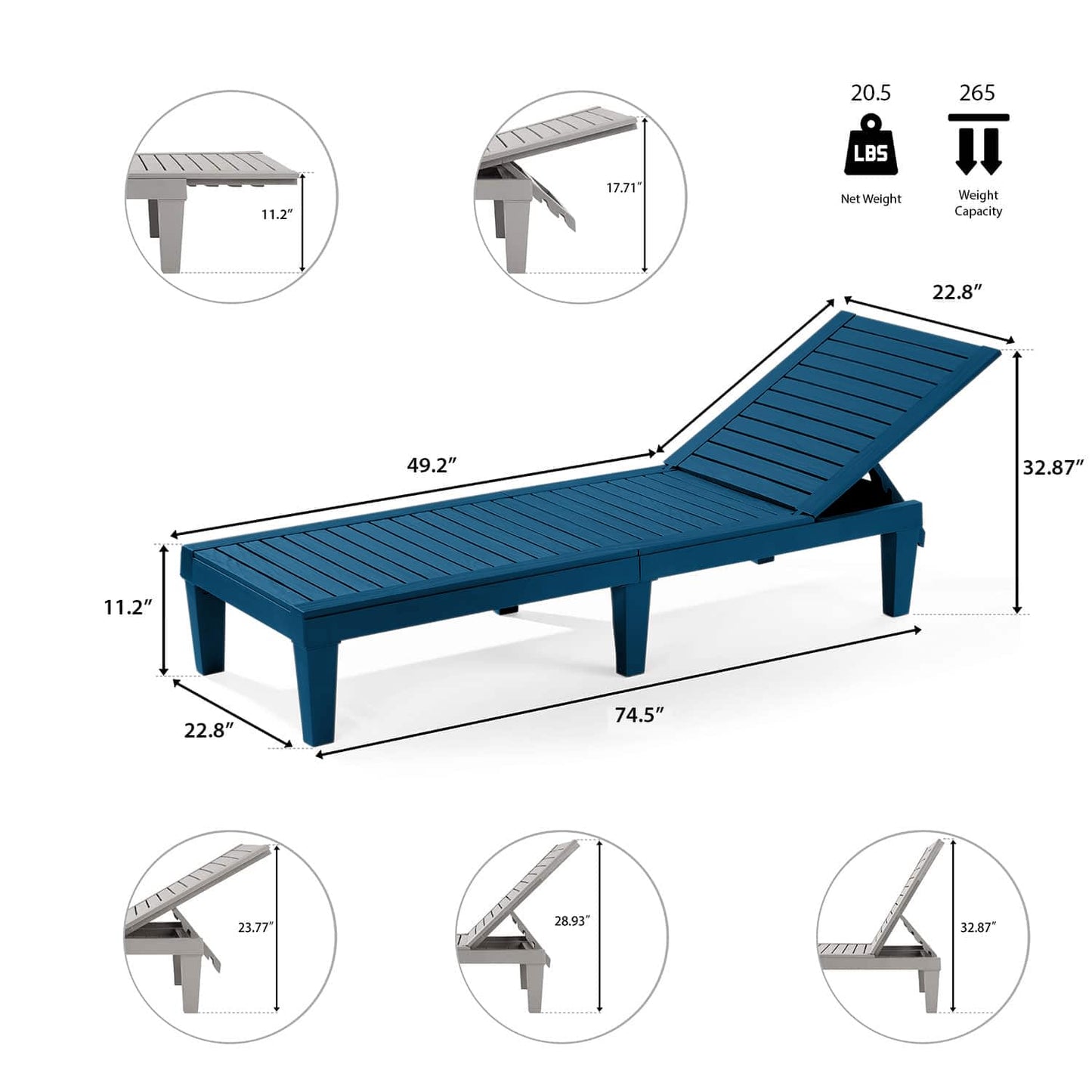 Nestl Sun Tanning Chair - Blue Chaise Lounge Chair Outdoor, Lightweight Pool Lounge Chairs Set of 2, Adjustable 5-Position Reclining Lawn Chair, Waterproof Beach Outdoor Lounge Chairs