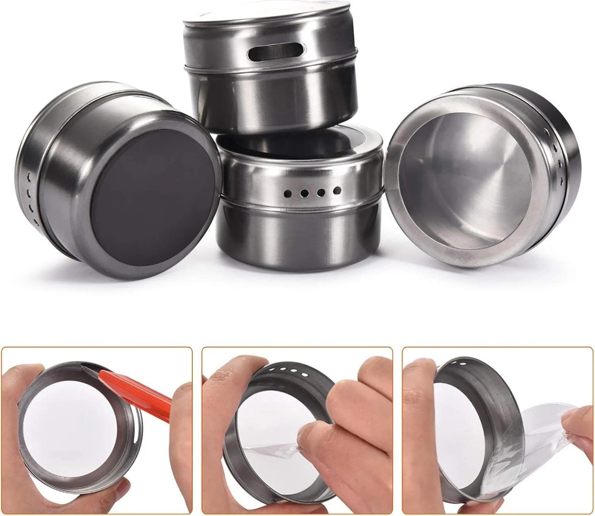 Magnetic Spice Jars with Lid - 4 Pack Stainless Steel, Strong Hold for Fridge & Grill, Adjustable Sprinkle, Easy Refill (Silver)