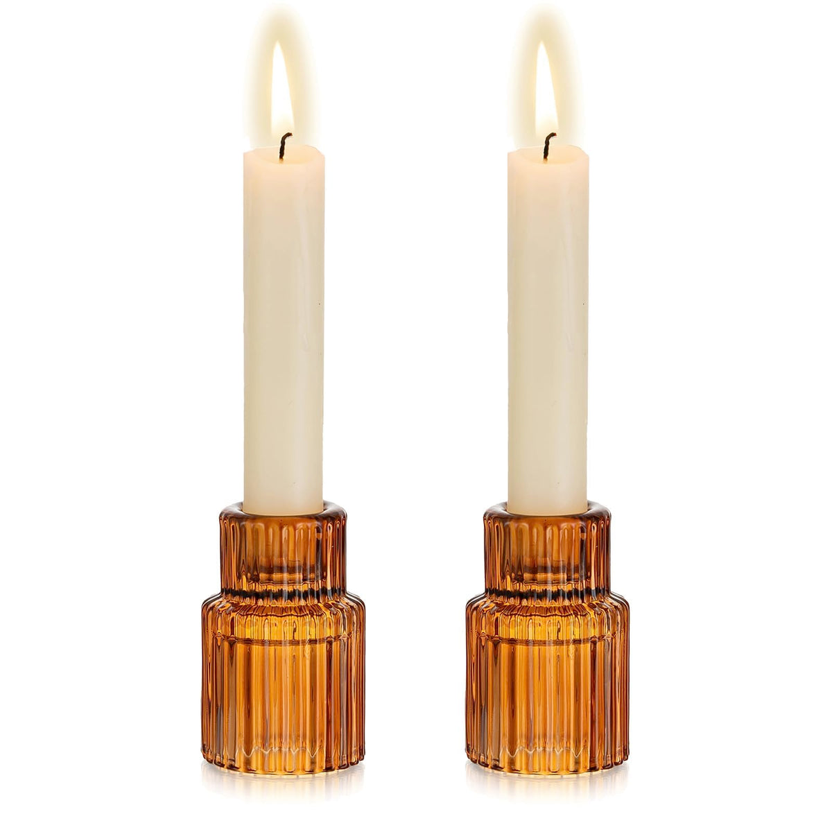 Hewory Glass Taper Candle Holders: 2PCS Amber Elegant Candle Holder Candlestick Holders Bulk, Ribbed Glass Candle Holder Candle Sticks Holder Decor for Table Centerpiece Fall Thanksgiving Home Decor