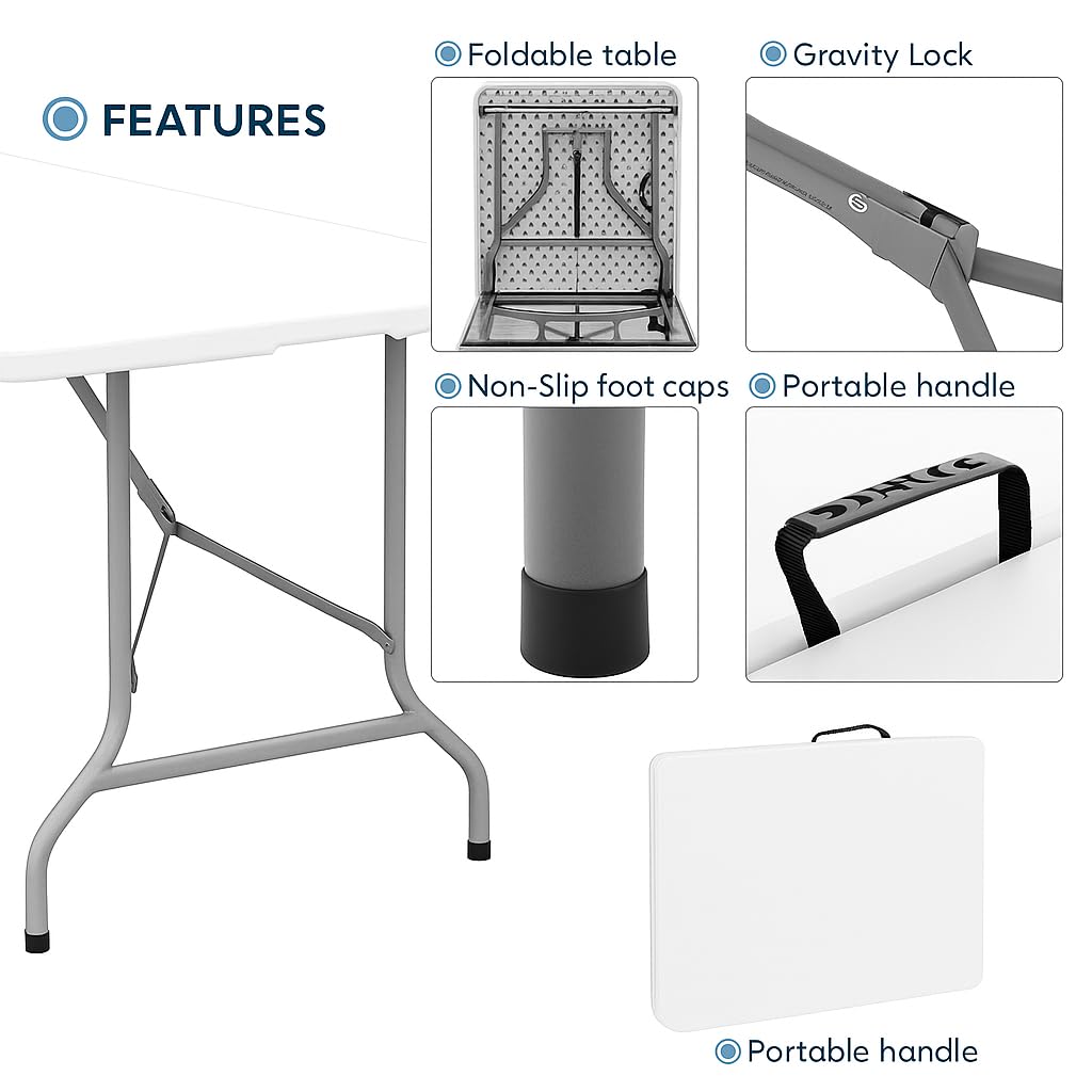 +gardenlife Folding Table 6ft | Heavy Duty Plastic Event Table with Carrying Handle | No Assembly Required | Portable with Side Lock | Powder-Coated Steel Legs
