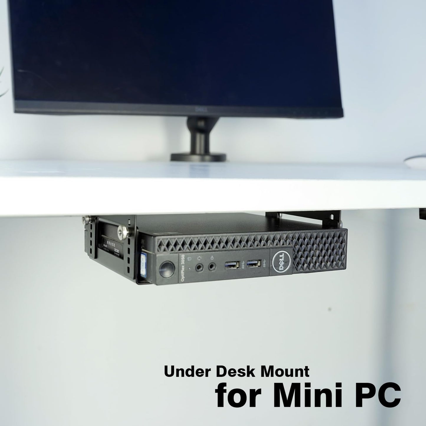 Under Desk Mini PC Mount Bracket – 5-Level Height Adjustable (1.8" to 3.3"), Width-Adjustable Metal CPU Holder for Mac mini M4/Small PCs ,Includes Screws & Positioning Template for Easy Installation