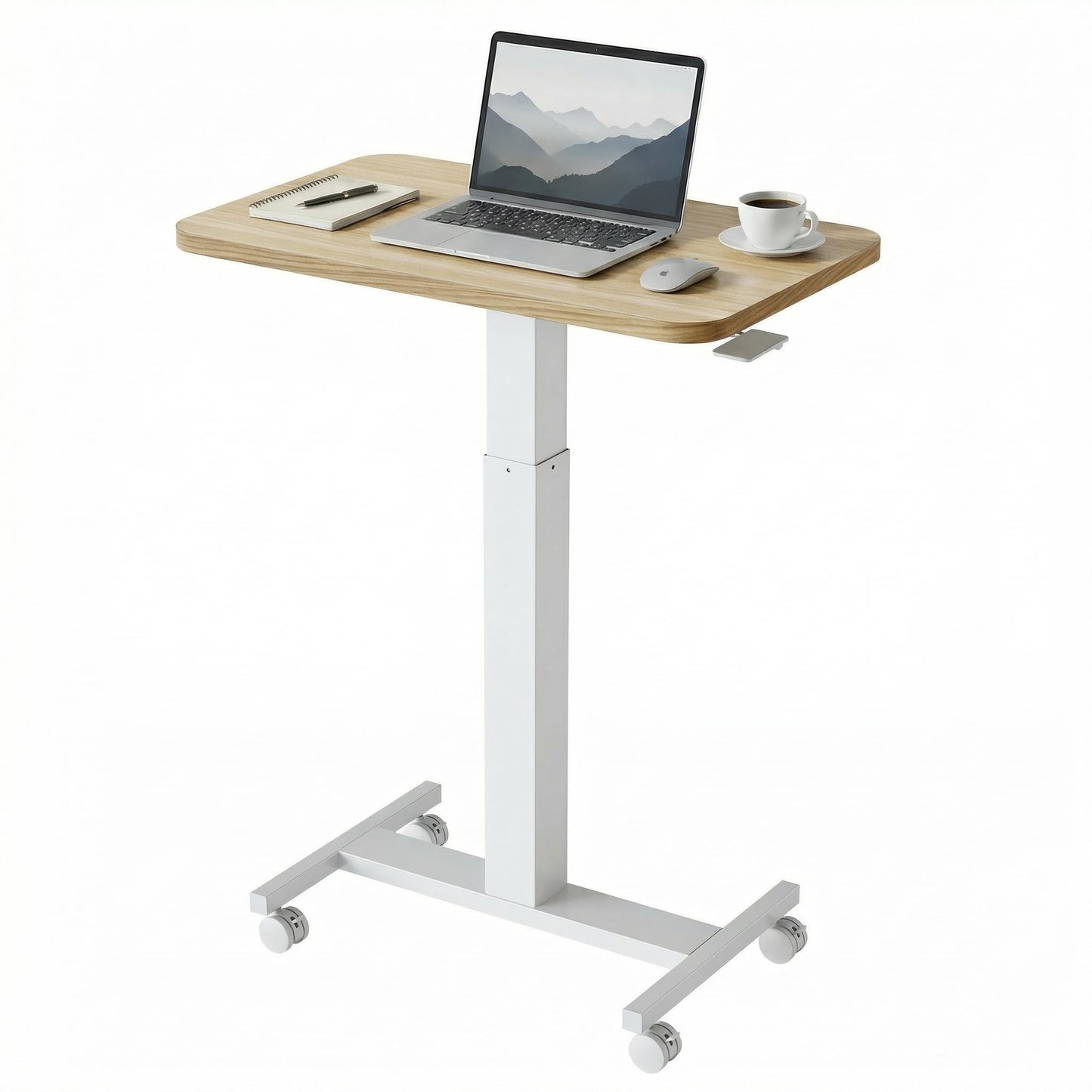 HUANUO Small Rolling Laptop Standing Desk, Height Adjustable Mobile T-Base Desk with Lockable Casters, Portable Sit-Stand Workstation for Bedside & Sofa, Light Walunt