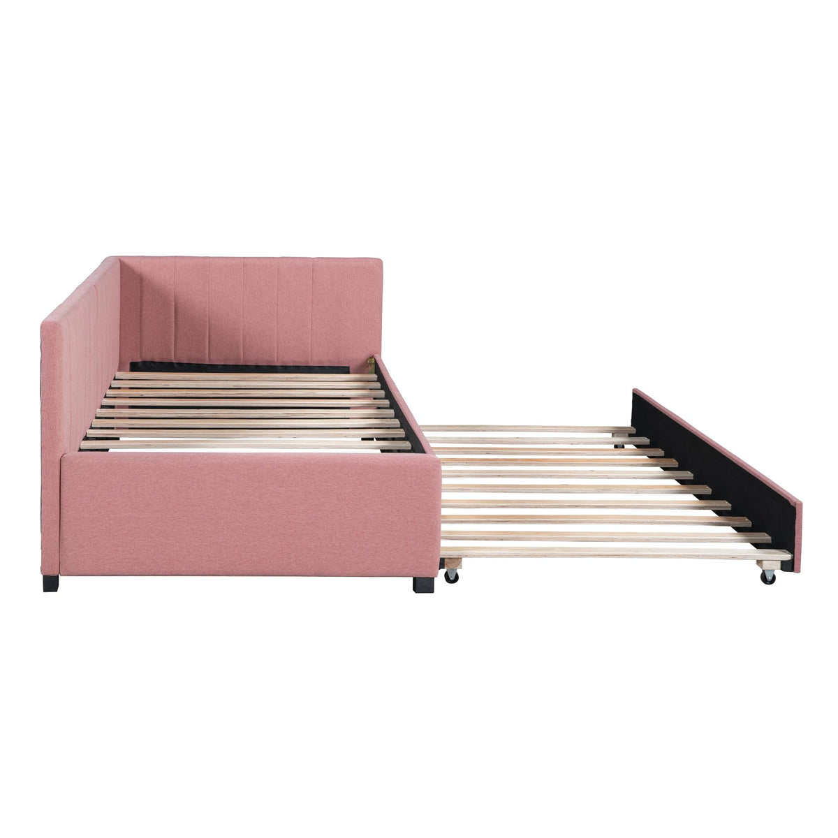 Brisca Upholstered Linen Daybed with Trundle,Twin Size Sofa Bed Frame W/Wooden Slats,for Bedroom,Apartment,Studio,Pink