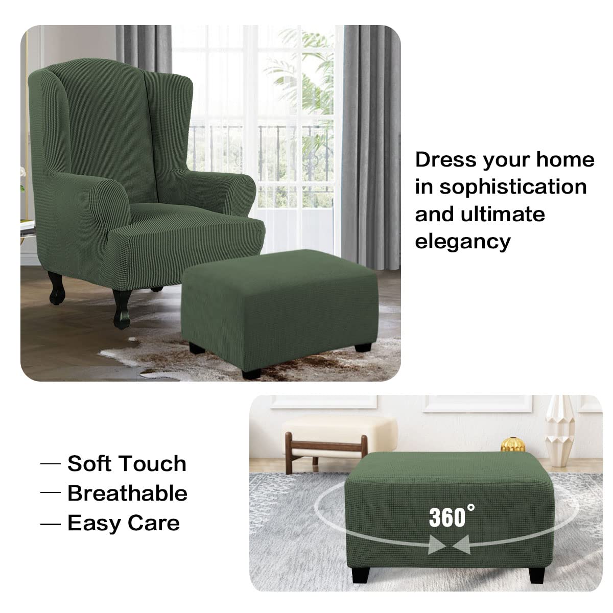 H.VERSAILTEX Ottoman Cover Slipcover Rectangle Fit Length 29'-34' Footrest Sofa Slipcovers Stool Cover Footstool Protector Covers Feature Stretch Thick Soft Jacquard Fabric Washable - Bronze Green