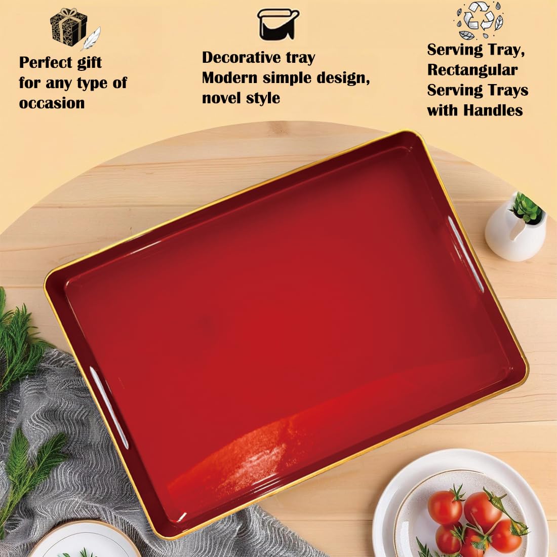 UOEKCS Large Red Tray, Elegant Plastic Coffee Table Tray for Ottoman, Home Decor, Living Room.16.7"*12"*1.6"