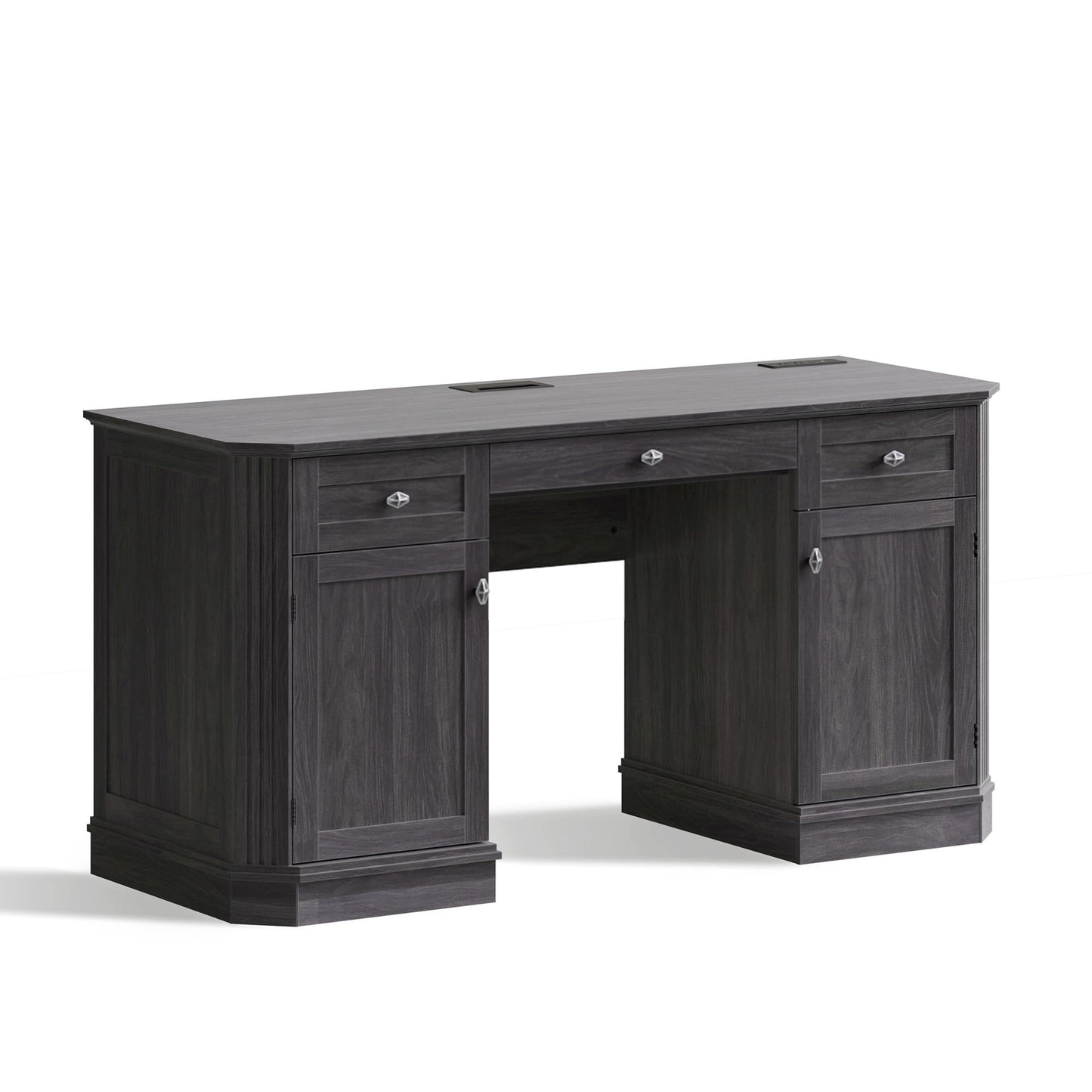 AMBERHAUS 59" Classic Executive Desk with Storage, Victorian Executive Desk with Charging Station, Keyboard Tray, 3 Drawers & 2 Cabinet Storage & 2 Pedestals, Easy Assembly, Black