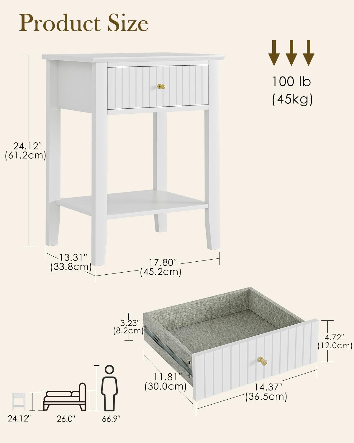 Apetaccat Fluted Nightstand, Farmhouse Night Stand with 1 Drawers, Mid Century Modern Side Accent Table,Bedside End Table for Bedroom, Living Room, White