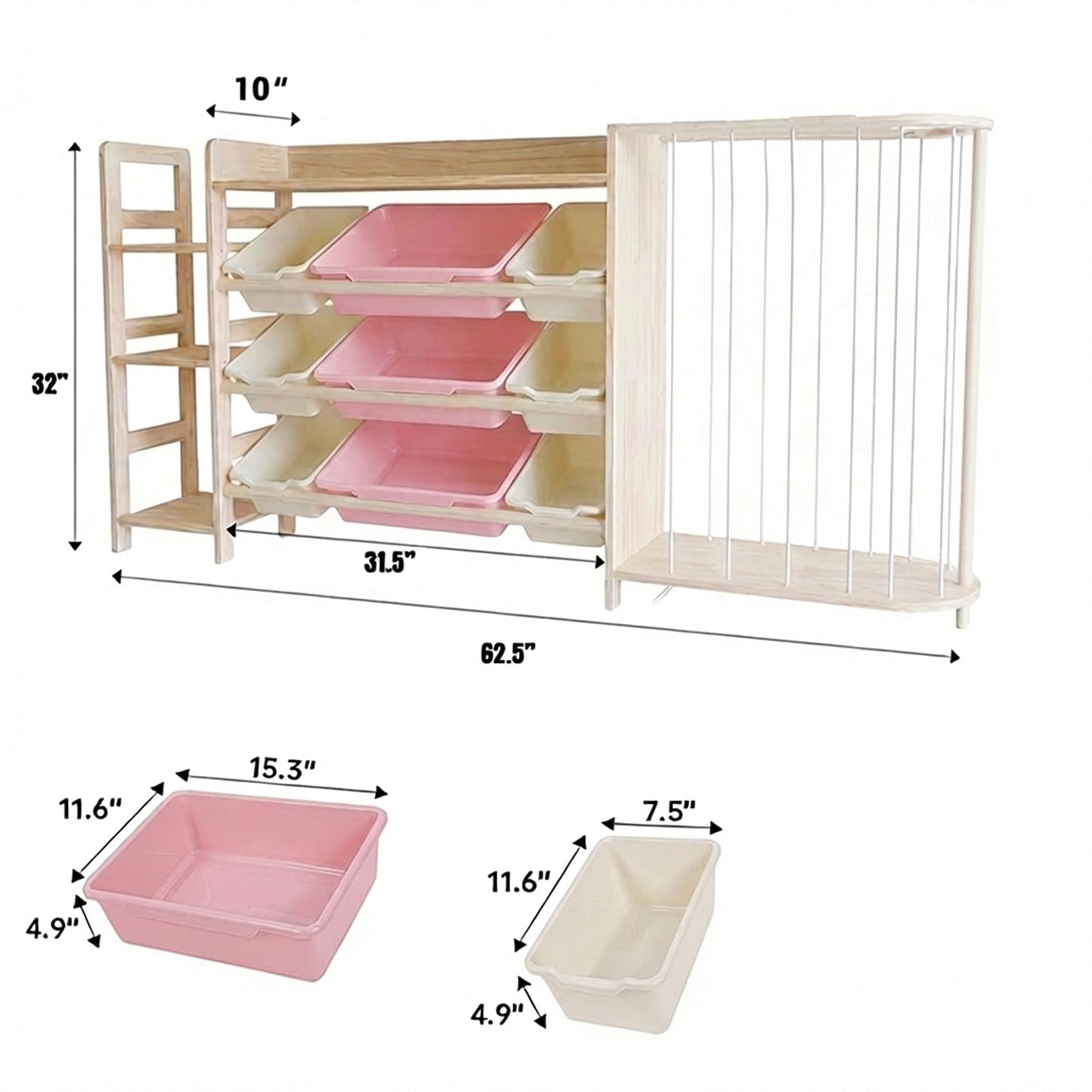 Amdermi Kid's Toy Storage Organizer with Bookcase & Plush Stuffed Animal Zoo, Multi-Bin Toy Storage Shelf for Toddlers, 4-in-1 Wooden Display Rack for Playroom, Bedroom & Nursery (Pink)