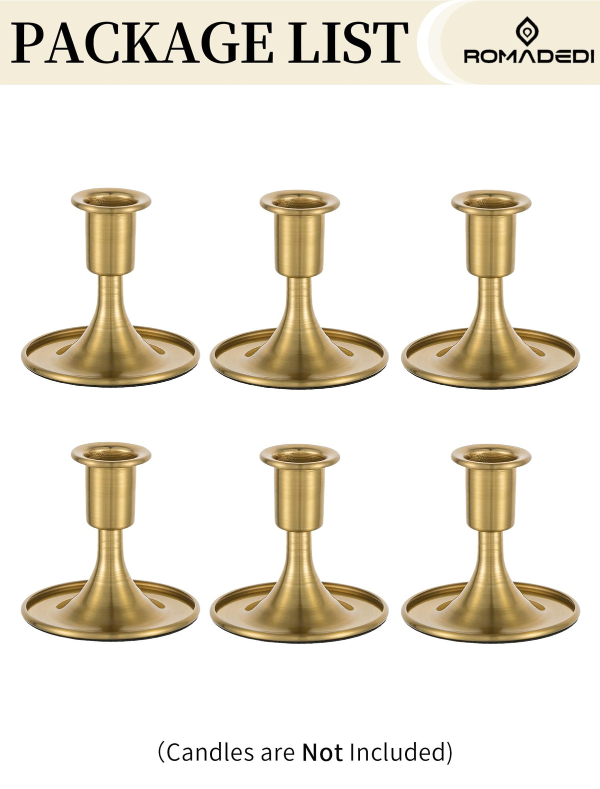 Romadedi Gold Candlestick Candle Holders - Brass Taper Holders Candle Stick for Wedding Table Centerpiece Festive Christmas Mantel Decoration Home Decor, Set of 6