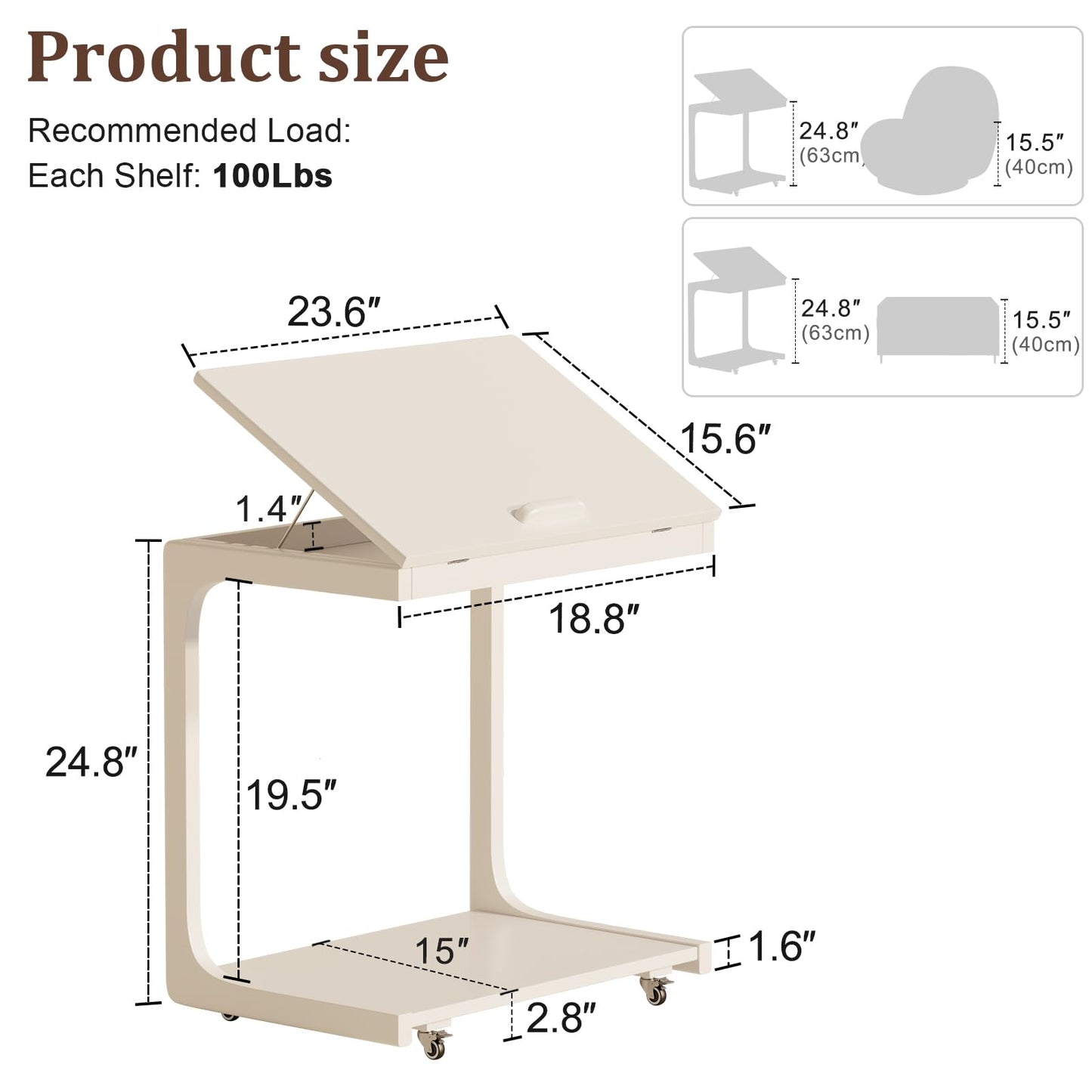 AQIMUELE Wooden C-Shaped End Table,Couch Table with Adjustable Desktop,Small Rolling Side Table with 2 Lockable Wheels 23.6" Width,Small End Table for Couch, Living Room,Bedroom (White)