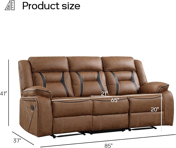 EBELLO Faux Leather Manual Reclining Sofa, 3 Seat Recliner Sofa Chair, Couch