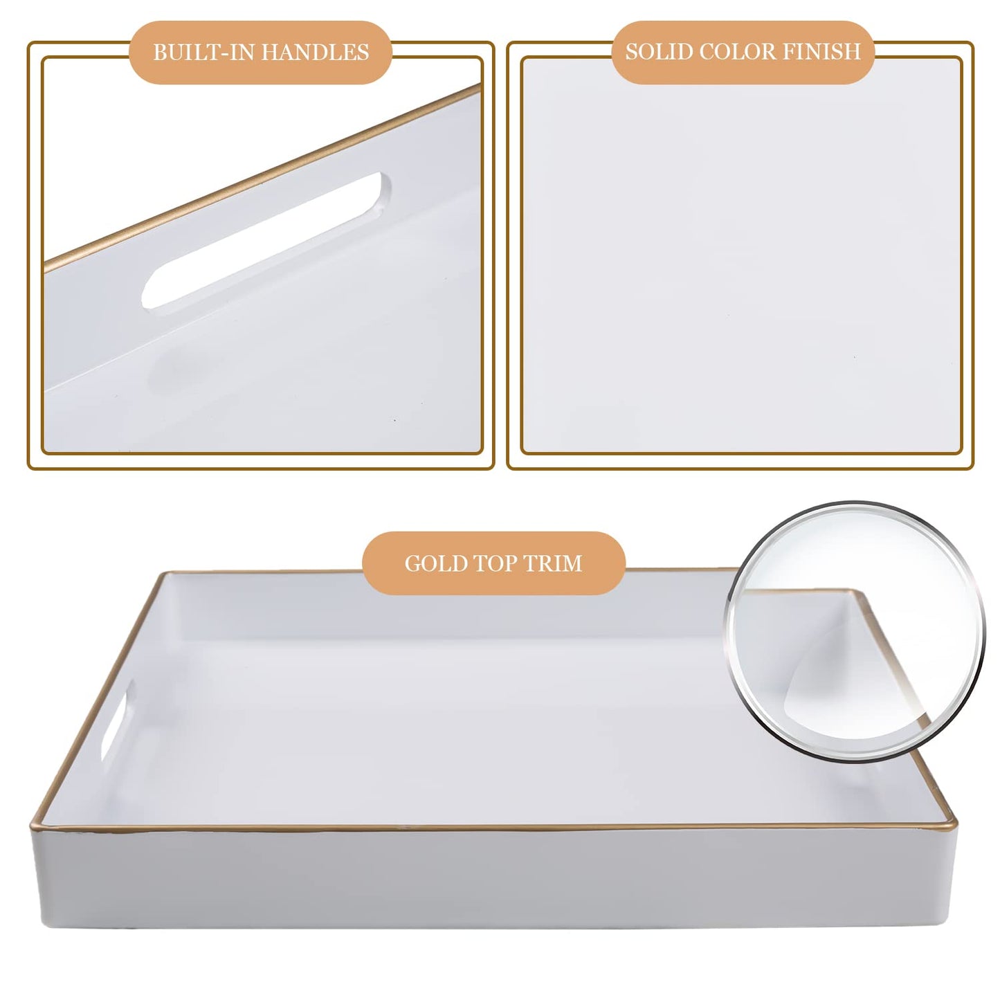 MAONAME 13" Decorative Tray, White Serving Tray with Handles, Coffee Table Trays, Square Plastic Trays for Ottoman, Bathroom, Kitchen
